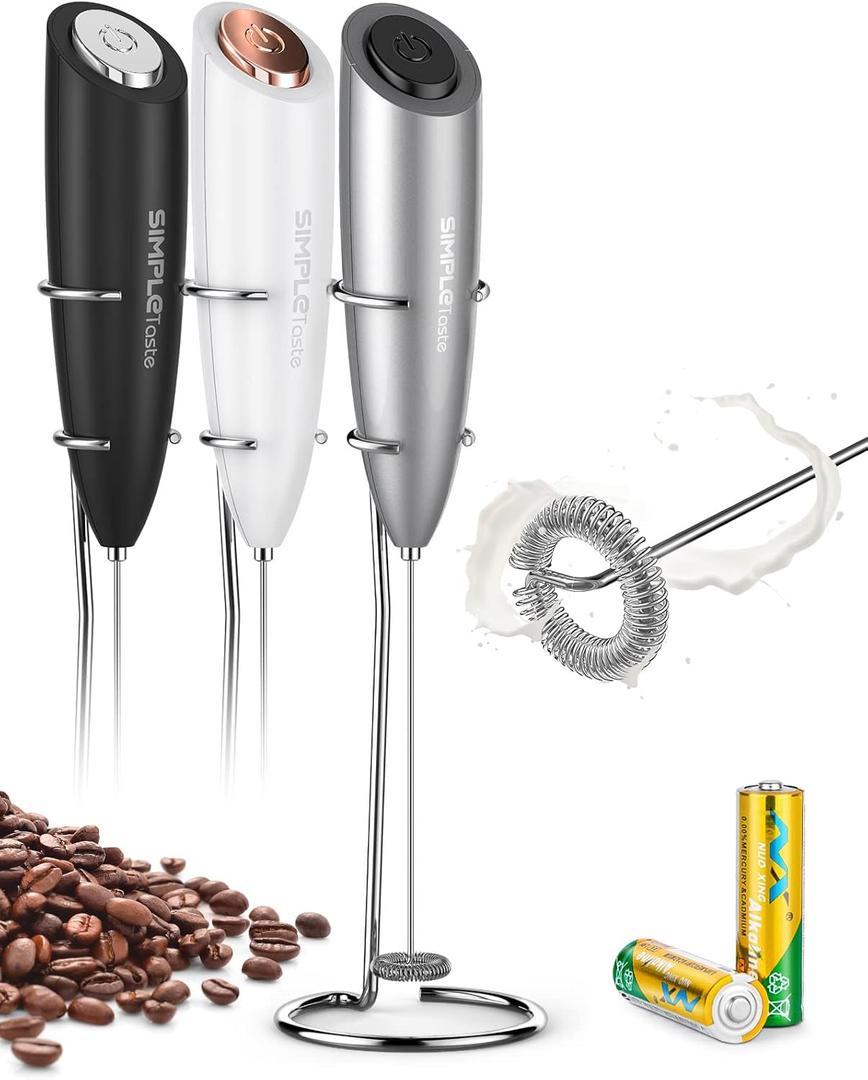 SIMPLETaste Milk Frother Handheld Battery Operated Electric Foam Maker, Drink Mixer with Stainless Steel Whisk and Stand for Cappuccino, Bulletproof Coffee, Latte (With Stand, Gray)