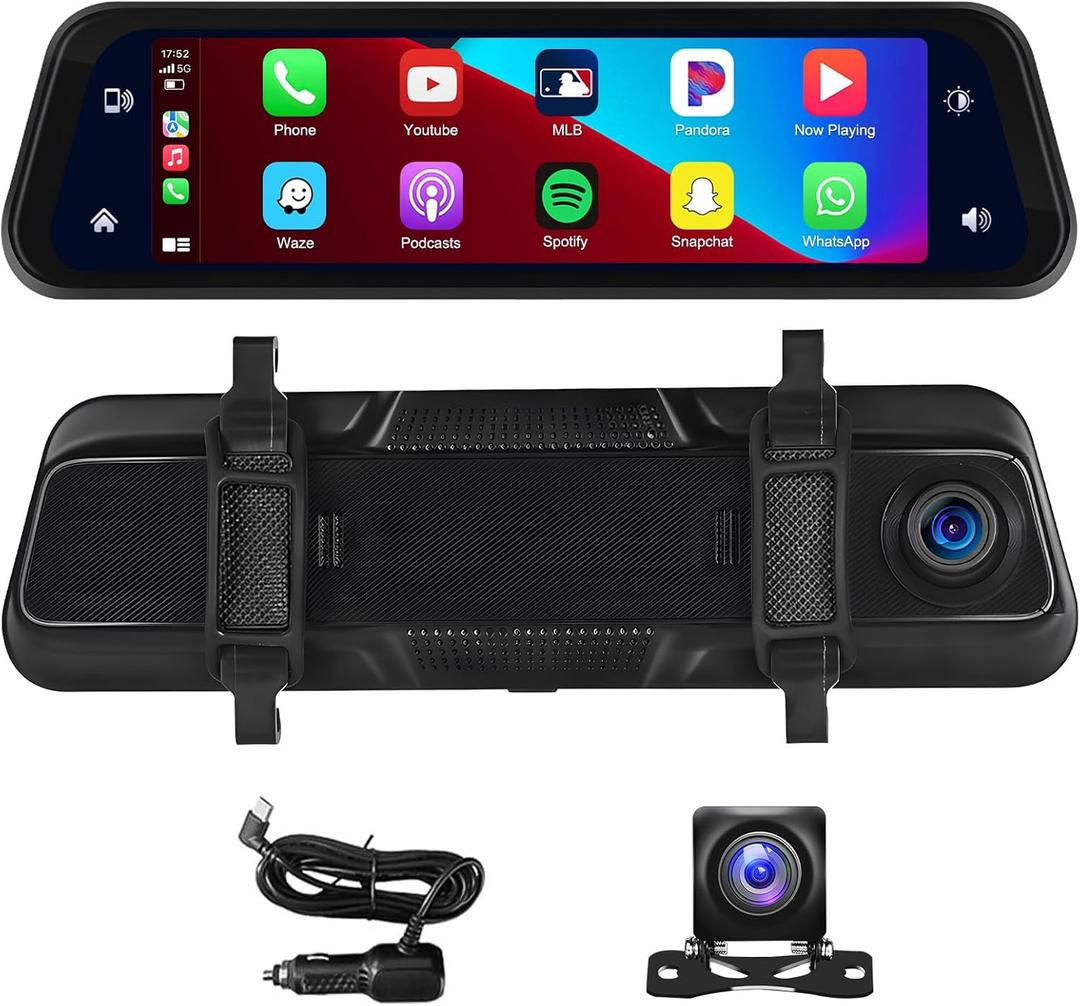 2.5K Rear View Mirror Dash Cam Backup Camera,in-Mirror Smart 9.66 Inch IPS Touch Screen Front&Rear Mirror Camera,Car Players Wireless CarPlay&Android Auto for Cars Trucks,Parking Monitoring,64GB Card
