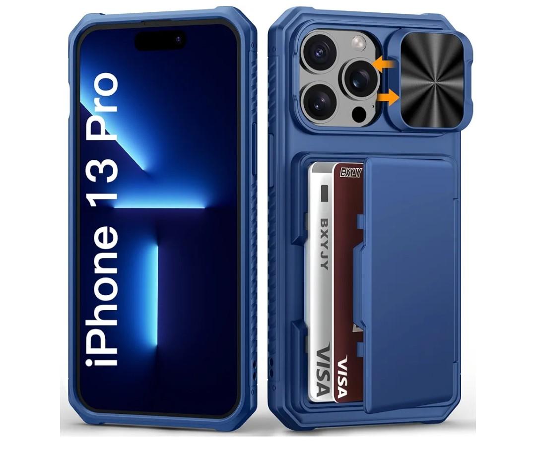 for iPhone 13 Pro Case with Card Holder (4-5 Cards), Slide Camera Cover, Military Grade Drop, RFID Block, Rugged Heavy Duty Shockproof Men Women Phone Case for iPhone 13 Pro, Blue
