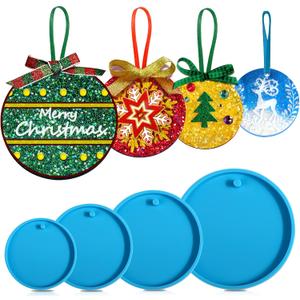 Juome Christmas Ornaments Resin Molds Silicone, 4 Pcs Round Shape Pendant Christmas Molds for Epoxy Resin, DIY Crafts Keychain Making Christmas Tree Decorations