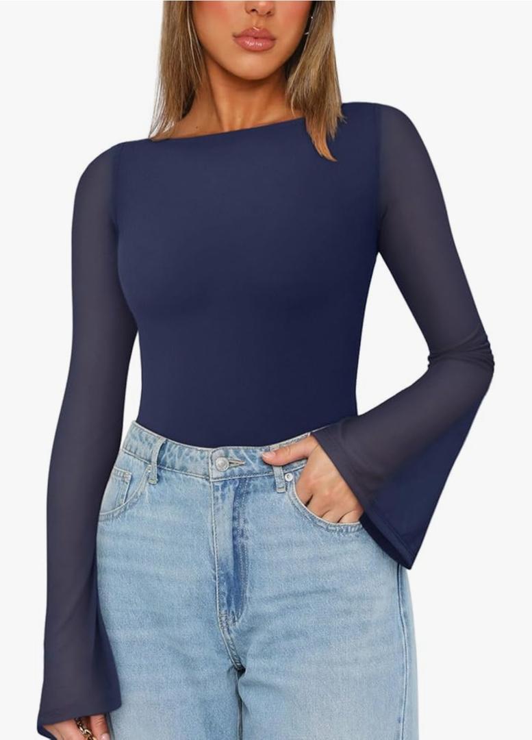 REORIA Women's Trendy Sexy Boat Neck Bell Sleeve Sheer Mesh Going Out Bodysuit Tops M
