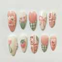 Cute Spring Press on Nails Almond Shape Medium Fake Nails with Small Flower Strawberry Bow Designs Green French Tip Glue on Nails Glossy Pink Acrylic Nails for Women Summer Manicure 30Pcs