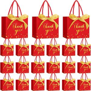 Jetec 45 Pcs Small Thank You Gift Bag Bulk 5.5x4.7x2.5'' Mini Paper Favor Bag with Handle Ribbon for Graduation Mother's Day Baby Shower Wedding Anniversary Birthday Party(Red/gold)