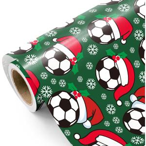 WRAPAHOLIC Soccer Christmas Wrapping Paper - Mini Roll - 17 Inch x 16.5 Feet - Snowflakes and Santa Hat Soccer Wrapping Paper for Christmas, Sport Party, Holiday, Party Celebration