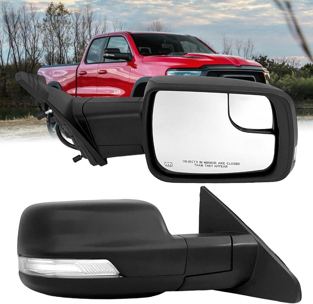 Right Passenger Side Mirror Compatible With Dodge Ram 1500 2019-2024 With Power and Heated Glass, Turn Signal Light and Puddle Light,Manual Folding/Textured Back