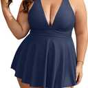B2prity Women's One Piece Swimdress Swimsuit Plus Size Tummy Control Swim Dress V Neck Push Up Skirted Bathing Suit (3X-Large)