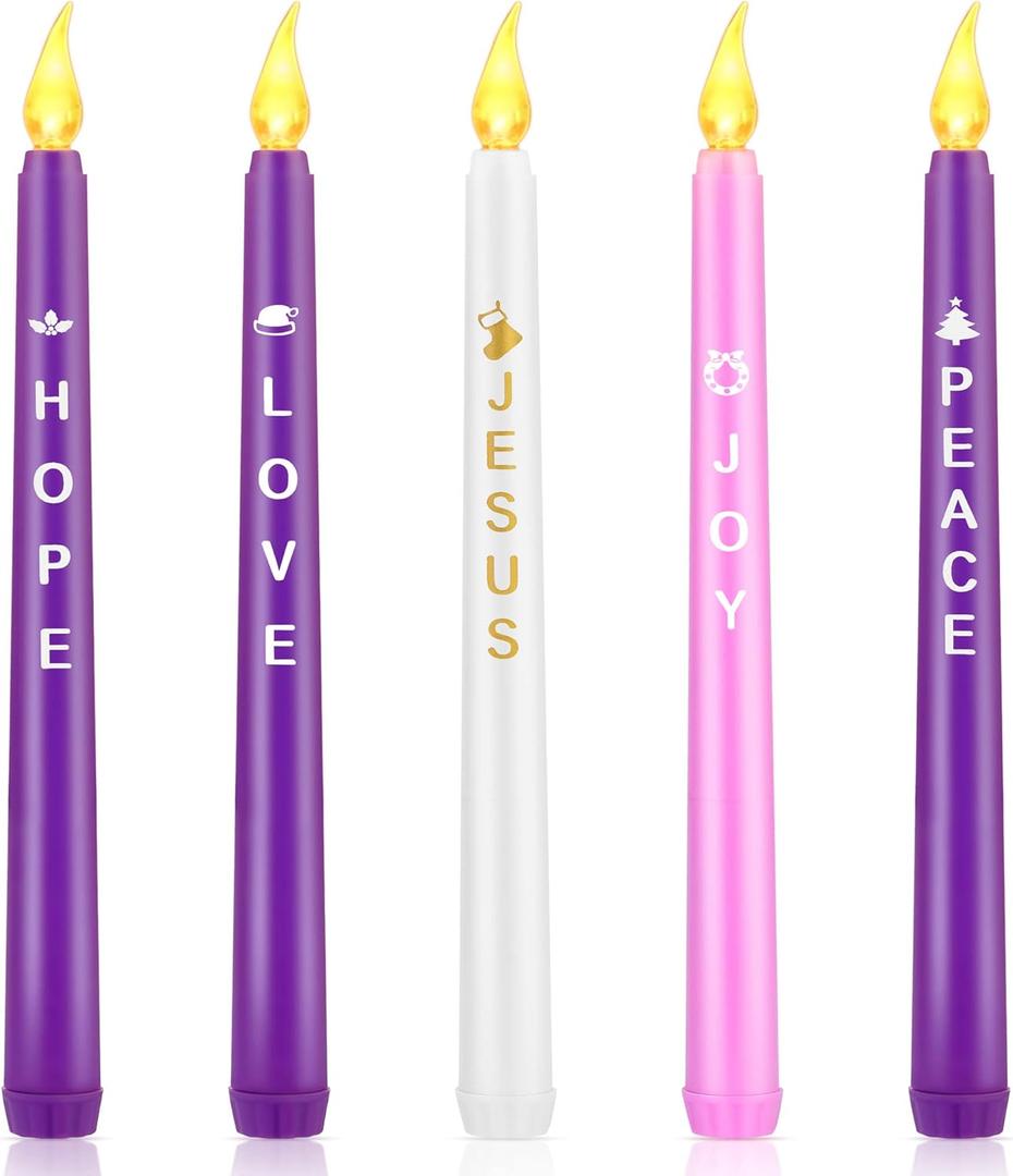 Fovths 5 Pack LED Advent Candles With Words Hope Peace Love Joy Jesus - Flameless Taper Candles for Christmas Wreath Celebration Decor, Pink, Purple, White