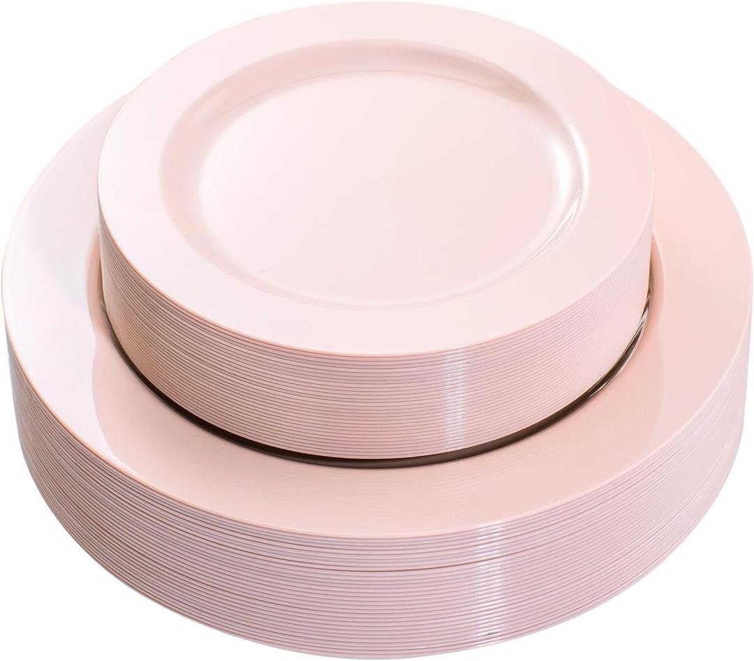 FLOWERCAT 60PCS Pink Plastic Plates - Heavy Duty Pink Plates Disposable for Easter Party/Mother's Day/Wedding - serving 30 guests Include 30PCS 10.25inch & 30PCS 7.5inch