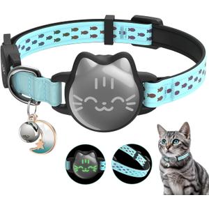Waterproof Airtag Cat Collar, Breakaway Cat Airtag Collar with Luminous & Reflective Pattern Strap, Lightweight Kitten Collars for Apple Air tag, Hidden Holder for GPS Tracker - Cats, Kittens (9-13") (Mint Green)