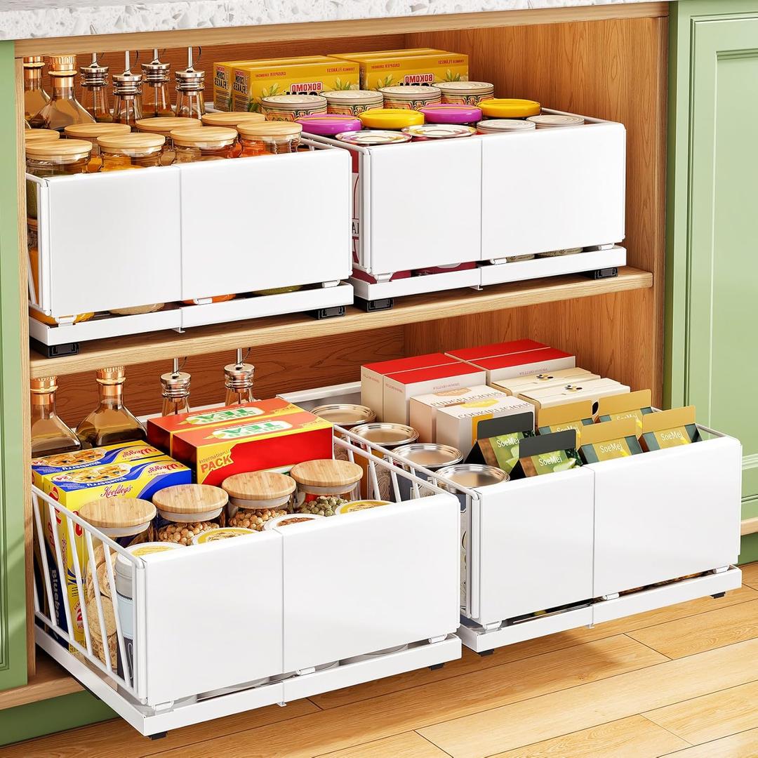 Pull out Cabinet Organizer, 2-Pack Expandable(9.8"-13.8") Heavy Duty Slide out Drawers for Pantry Organizers and Storage, Adhesive Roll Out Shelves Sliding Basket for Kitchen, Bathroom, Closet(White)