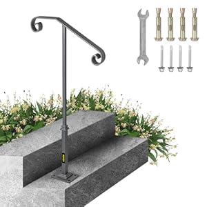 VEVOR Handrails for Outdoor Steps, Fit 1 or 2 Steps Outdoor Stair Railing, Single Post Wrought Iron Handrail, Gray Transitional Porch Railings for Concrete Steps or Wooden Stairs with Base