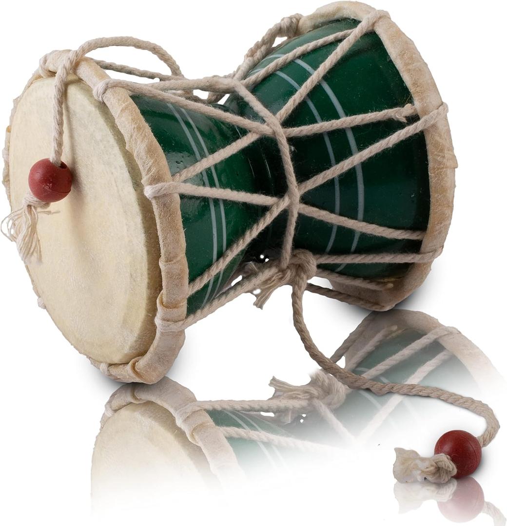 Handmade Wooden & Leather Classical Indian Folk Dumroo Damroo Damaru Hand Drum Set Percussion Decorative Collectible Showpiece World Musical Instruments (Green)
