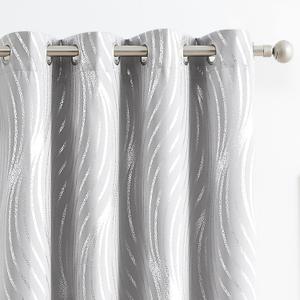 100% Blackout Curtains Grey and Silver Foil Pattern Curtains 84 Inch Length for Living Room Metallic Silver Wave Print Drapes for Bedroom Thermal Insulated Grommet Window Curtains 2 Panel Set