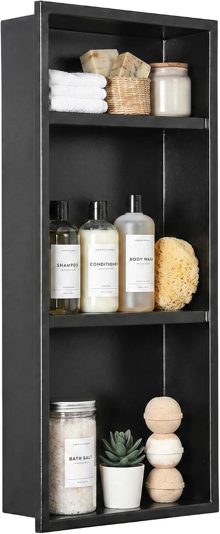 304 Stainless Steel Shower Niche 12" x 30" for Bathroom Storage | Matte Black Recessed Shower Niche with 3-Tier Shelves for Bathroom Space Saving