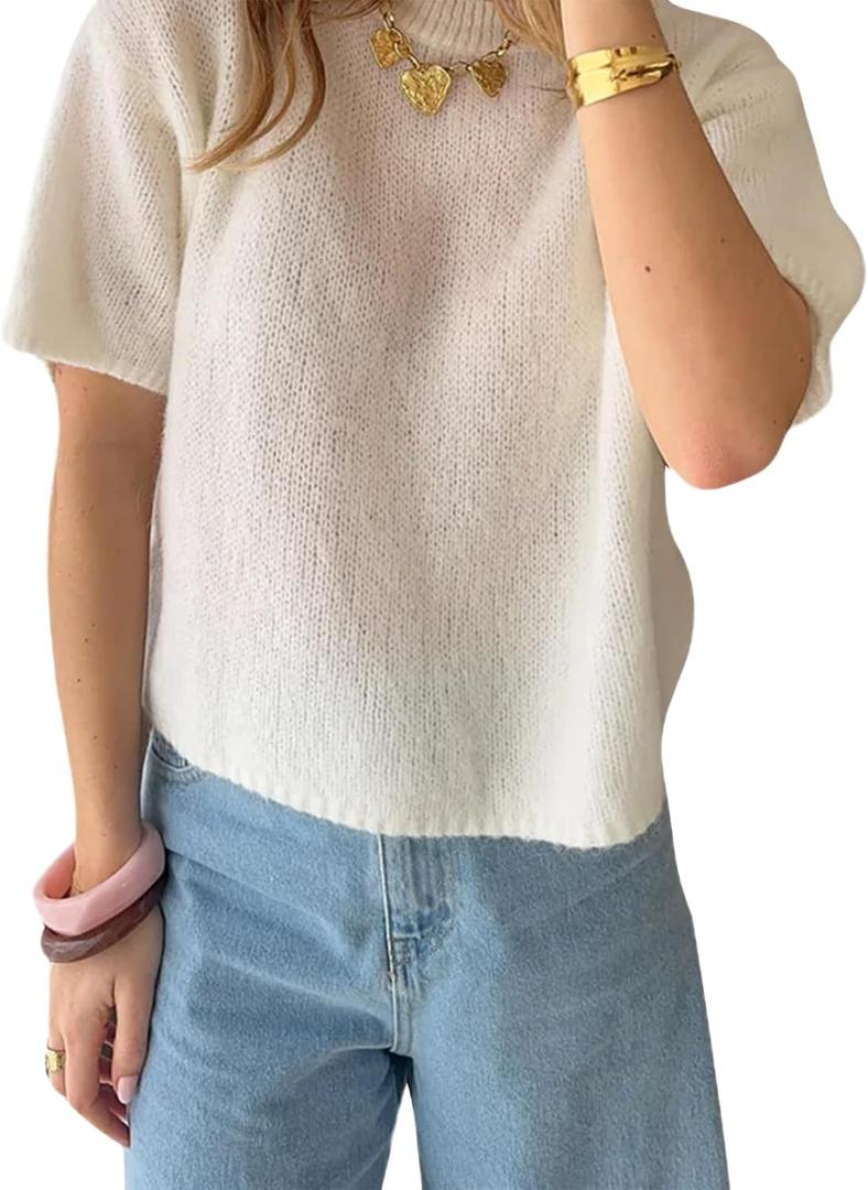 RUEWEY Women Y2k Short Sleeve Sweater Lightweight Crew Neck Pullover Knit Tee Tops Solid Color Shirt Top Blouse (S)