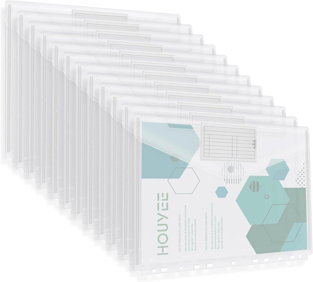 HOUYEE 32 Pack Binder Pocket, 11 Holes Heavy Duty Clear Poly Binder Envelope with Snap Closure, Letter Size,8 Mil,100 Sheet Capacity,Back to School
