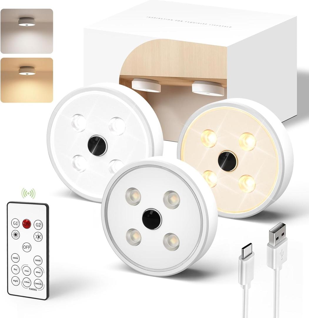 EZVALO Motion Sensor Puck Lights 3Pack, 1200mAh Rechargeable Under Cabinet Lights, 2 Color Temps LED Closet Light Group Control, Dimmable LED Under Counter Light for Kitchen, Cabinet, Stairs