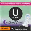 U by Kotex Clean & Secure Overnight Maxi Pads with Wings, 90 Count (3 Packs of 30)