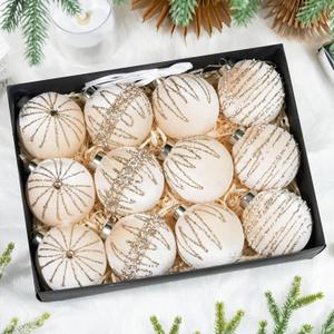 Hismir 3.15 Inch Velvet Christmas Tree Ornaments12 Pcs Christmas Balls Bulk Set with Golden Hand-Painted PatternPlastic Shatterproof Xmas Hanging Ornaments Decorations for Tree(Champagne Gold)