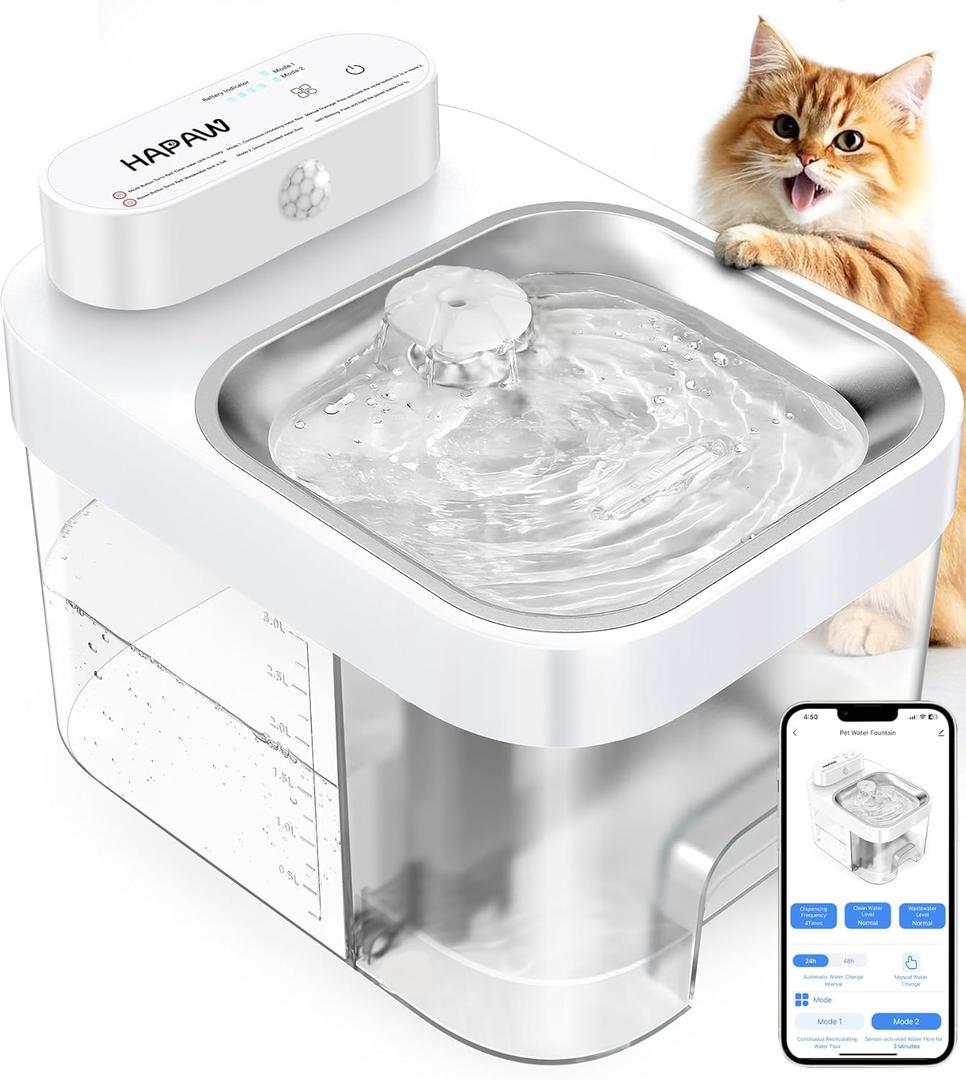 Cat Water Fountain, App Monitoring Separated Clean & Waste Water Wireless Smart Pet Water Fountain, 5000mAh Battery & Plug-in Automatic Water Dispenser for Cats Indoor and 2.4G Wi-Fi, No Filter (White)