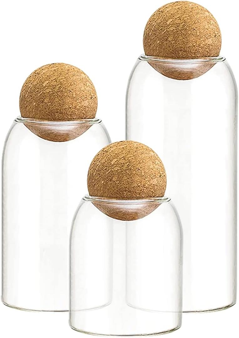 AEFPOYMXU 3 Pcs Glass Jars with Cork Ball Lid Set Kitchen Food Terrarium Airtight Clear Storage Canisters with Wooden Lids for Cookie Candy Coffee Bean Spice Sugar Rice