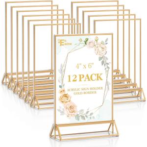 EHWINE 12 Pack Acrylic Sign Holder 4 x 6, Double Sided Gold Picture Frame Stand up Table Top Sign Holders, Clear Display Stand Menu Flyer Holder for Wedding Party