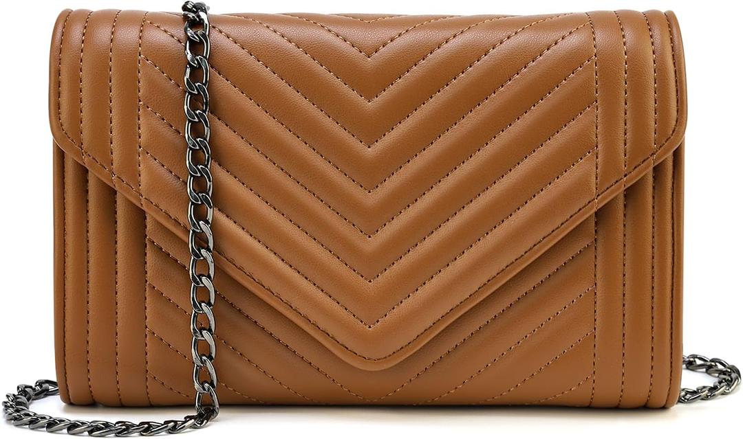 Small Leather Crossbody Bag for Women Clutch Purse Cross Body Purse Shoulder Bags with Chain Strap Quilted Purses (Brown)