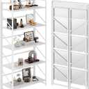 JSB No Assembly Folding Bookshelf, 5 Tier Industrial Metal Book Shelf for Storage, Vintage Wood Foldable Bookcase for Living Room, Bedroom, Office Organization Shelves
