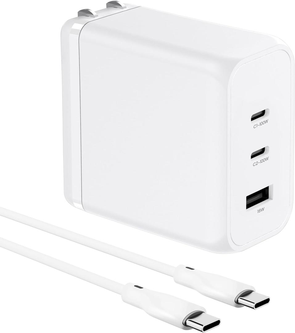 100W Smart GaN PD Charger, 6.6ft/2m 100W E-Mark Cable, 3 Ports (2 USB-C, 1 USB-A), Compatible with MacBook Pro, Pixelbook, ThinkPad, XPS, iPad Pro, Samsung S25 Ultra, iPhone 16 Pro & More 100W Smart GaN PD Charger, 6.6ft/2m 100W E-Mark Cable, 3 Ports (2 USB-C, 1 USB-A), Compatible with MacBook Pro, Pixelbook, ThinkPad, XPS, iPad Pro, Samsung S25 Ultra, iPhone 16 Pro & More