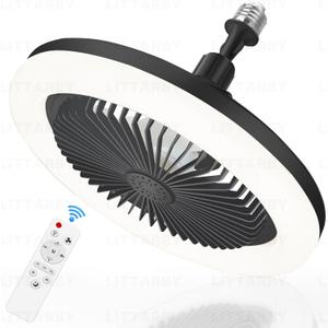 LITTARBY Socket Fan Light with Remote Control, 3 Colors 3000K-6500K Dimmable LED Light Bulb Fan Screw in Ceiling Fan for Bedroom, Kitchen, Storage Room, Closet, Wireless Small Ceiling Fans with Lights - Black