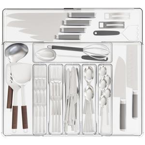 Clear Expandable Silverware Organizers for Kitchen Drawers,Large BPA Free Cutlery Organizer in Drawer,Plastic Utensil Drawer Organizer Suitable as Flatware,Knife,Fork,Spoon,Silverware Holder and Tray