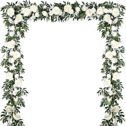Lvydec 2 Pack Artificial Peony Flower Garland - 6ft Silk Peony Vine Willow Leaves Garland White Arch Flower Vine for Wedding Party Table Decoration (White)
