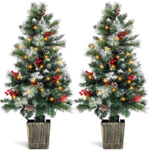 2 Pack 4FT Entrances Christmas Trees for Porch Pre Lit Artificial Pathway Potted Xmas Tree with 100 LED Lights 8 Mode Remote Control Berries Pine Cones for Front Door Driveway Yard Outdoor
