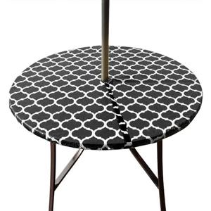 Hipinger Vinyl Round Fitted Tablecloth with Zipper and Umbrella Hole, Outdoor Oil Waterproof Stain Resistant PVC Table Cover 40-44 Inch, Black Moroccan, Fitted 50" Round