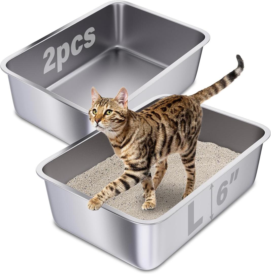Stainless Steel Litter Box 2 Pack, 20"x14"x6"(Height) Large Metal Litter Box, Easy to Clean, Non Stick No Smell Cat Litterbox for Cats/Kitty
