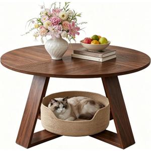 HAIOOU Round Coffee Table for Living Room with Open Storage -Walnut Wood