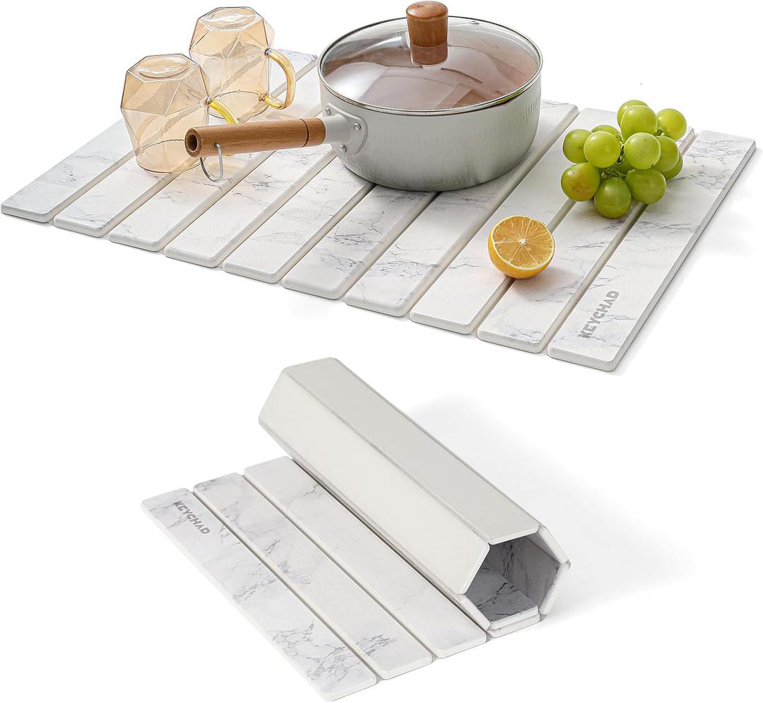 Large Stone Drying Mat for Kitchen Counter - 24x16 Quick Drying Collapsible Dish Drying Mat - Super Absorbent Diatomaceous Earth Mat - Stone Dish Drying Mat for Cups Dishes (White Marble)