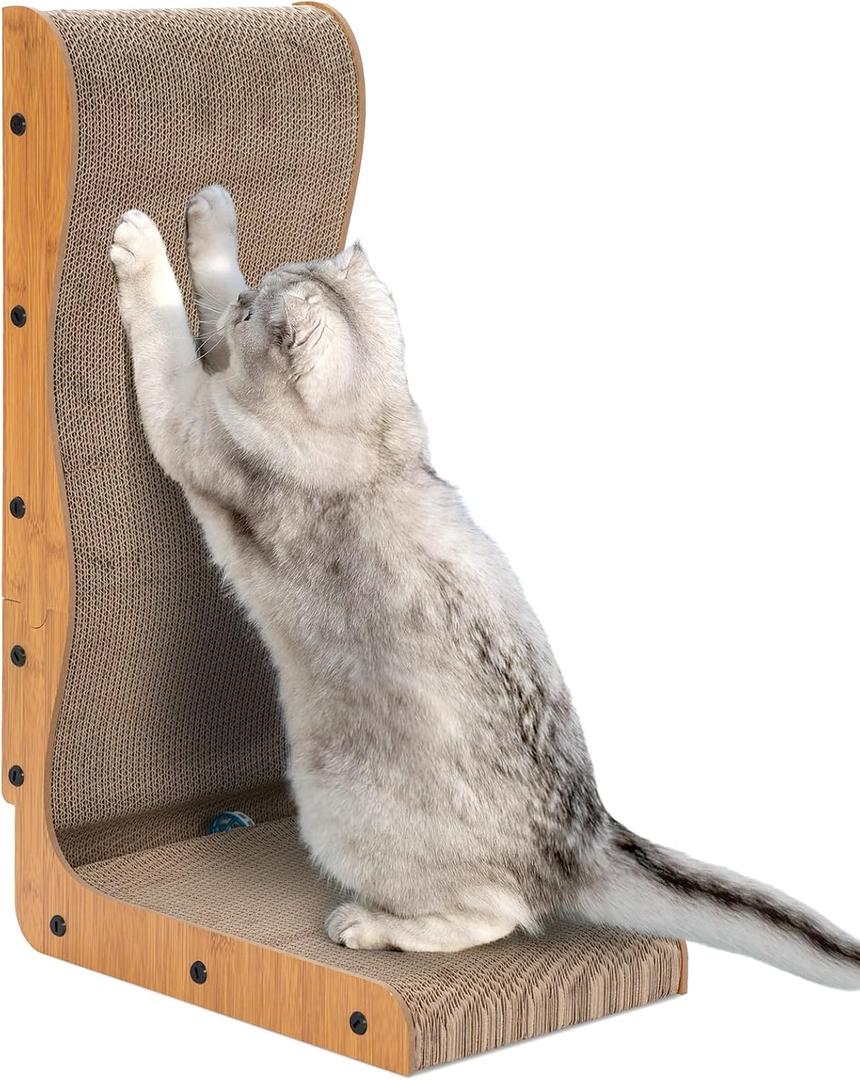 Miwoowim Cardboard L Shape Cat Scratcher - Happy & Polly Vertical Cat Scratching Board with Ball Toy for Indoor Cats - Protecting Furniture Cat Scratch Pad