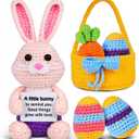 5 Pcs Finished Easter Positive Crochet Animals for Teen Girls & Adults Women, Handmade Filled Easter Basket with Crochet Bunny, Carrot, 2 Eggs, Easter Decoration Gifts Prefilled with Animal Stuffers