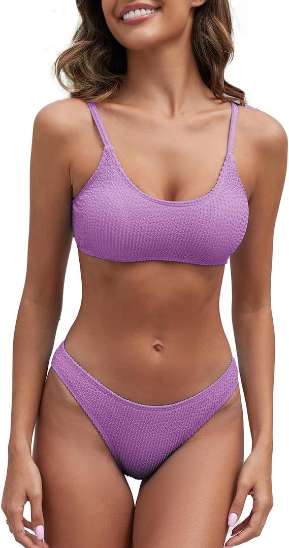 Fanuerg Women's Ribbed Bikini Sets Scoop Neck Cheeky Swimsuit Textured Two Piece Bathing Suit (Large, Purple)