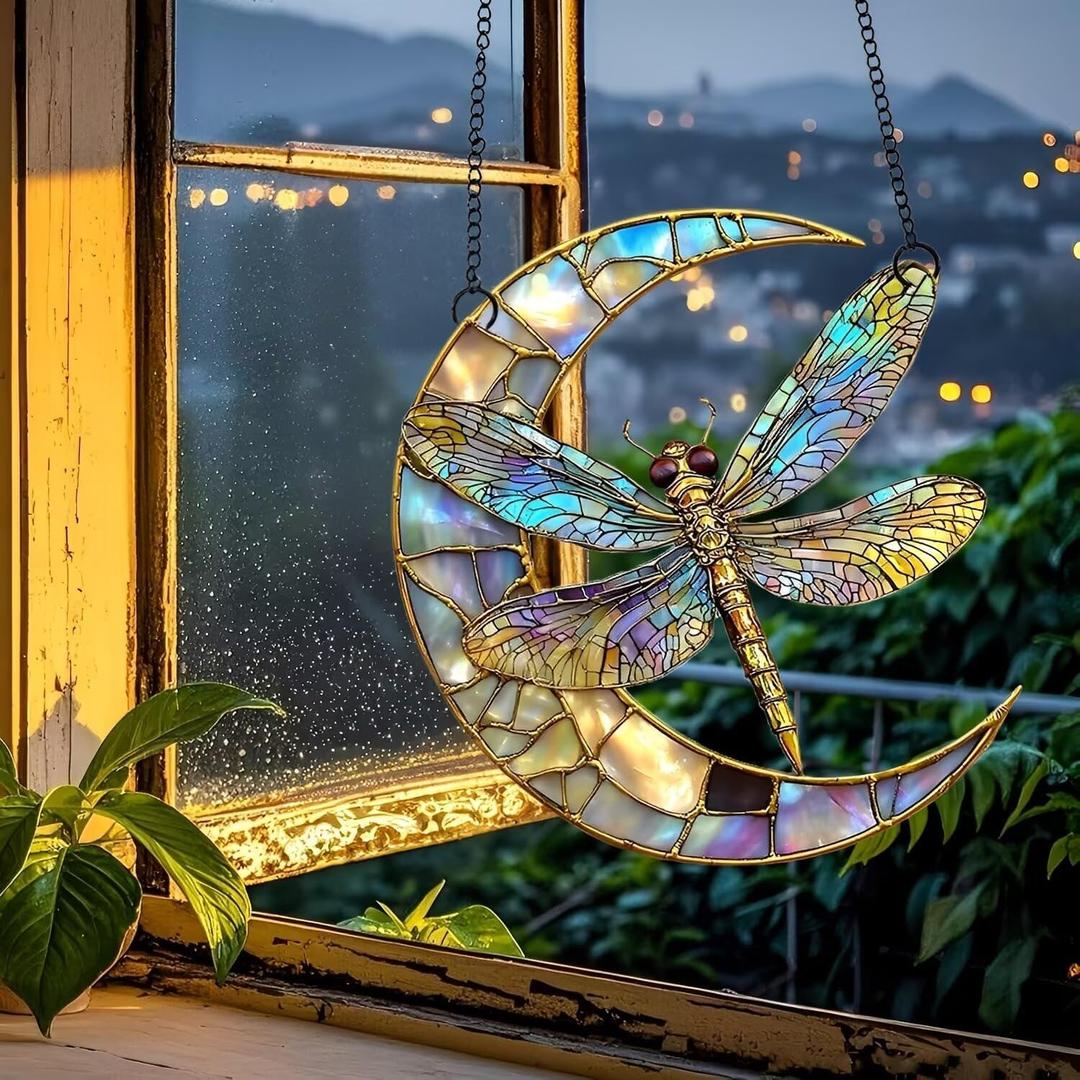 Colorful Acrylic Suncatcher, 6-inch Crescent Moon & Colorful Dragonfly Hanging Window Decor, Wall Art with Vibrant Colors, Gift Idea & Garden Ornament Indoor Outdoor Use 1PCS (Yyx-04)