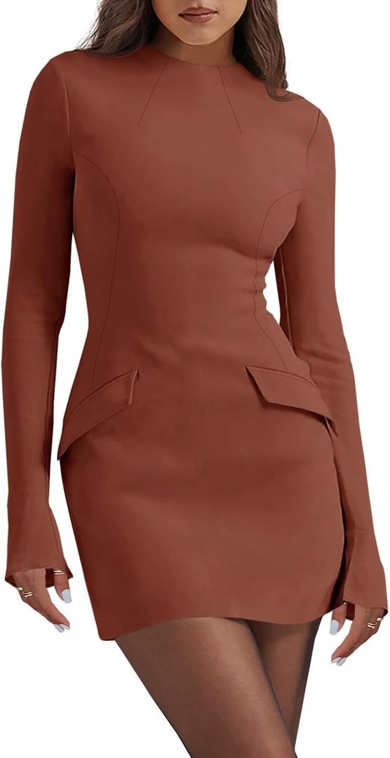 Cicy Bell Womens Long Sleeve Bodycon Dress Mock Neck Slim Fit Party Cocktail Fall Mini Blazer Dresses (M, Brown)