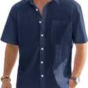 J.VER Men's Linen Short Sleeve Shirts Cotton Casual Lightweight Button Down Shirt Beach Vacation Summer Tops with Pocket (4X-Large, Navy Blue)