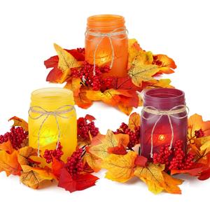 Fall Mason Jar Centerpieces for Tables  Thanksgiving Table Decorations with Autumn Leaves & Berries, Autumn Candle Holder Wreath Rings, Fall Taper Candle Rings for Dining Table