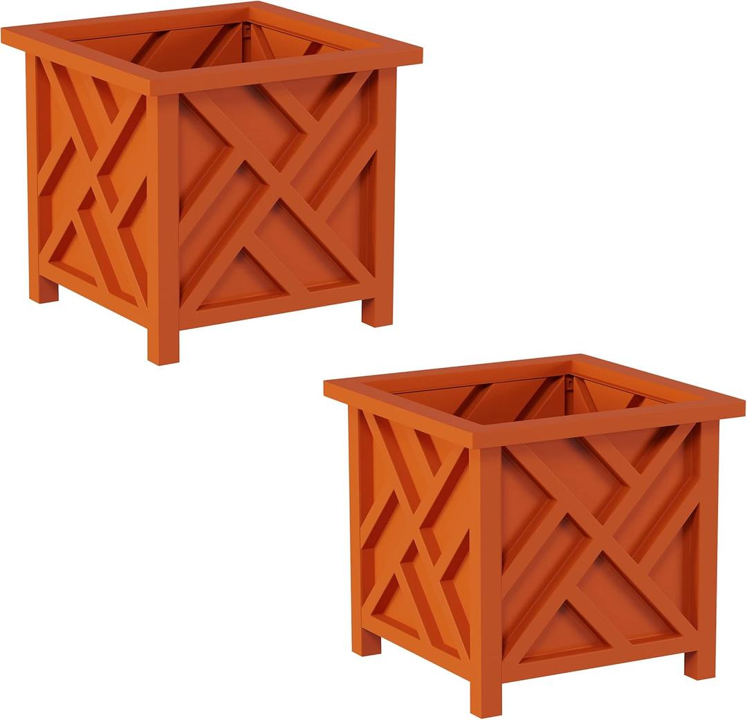 Lattice Design Outdoor Planter Box 2-Pack - 14.75 Square 13 Tall Terracotta Decorative Plant Pots for Front Porch Decor - Flower Pots Outdoor Planters for Porch Patio or Garden Decor by Pure Garden