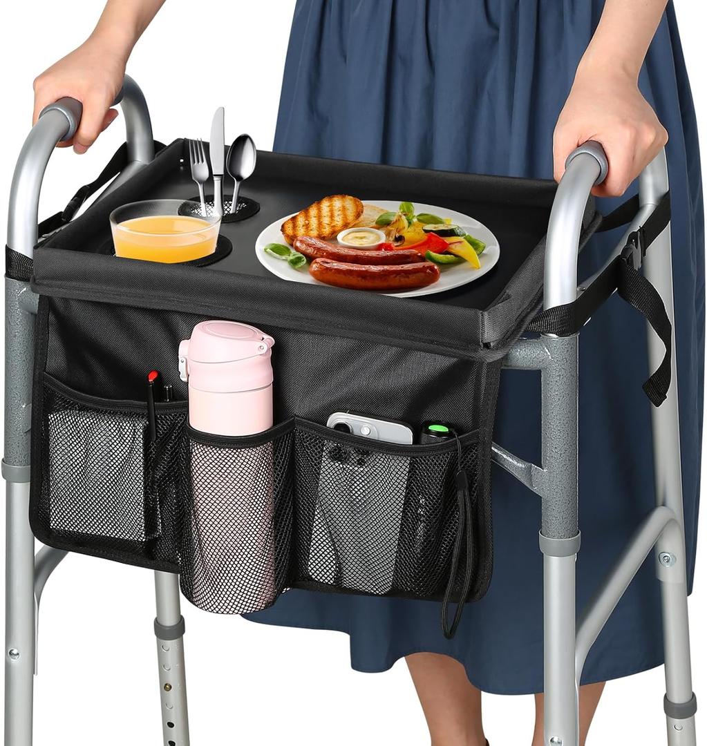 Walker Tray for Folding Walker, Trays for Walkers for Seniors Detachable with Cup Holder,Walker Trays for Rolling Folding Walker,Walker Accessories for Elderly (Black with Baffles)