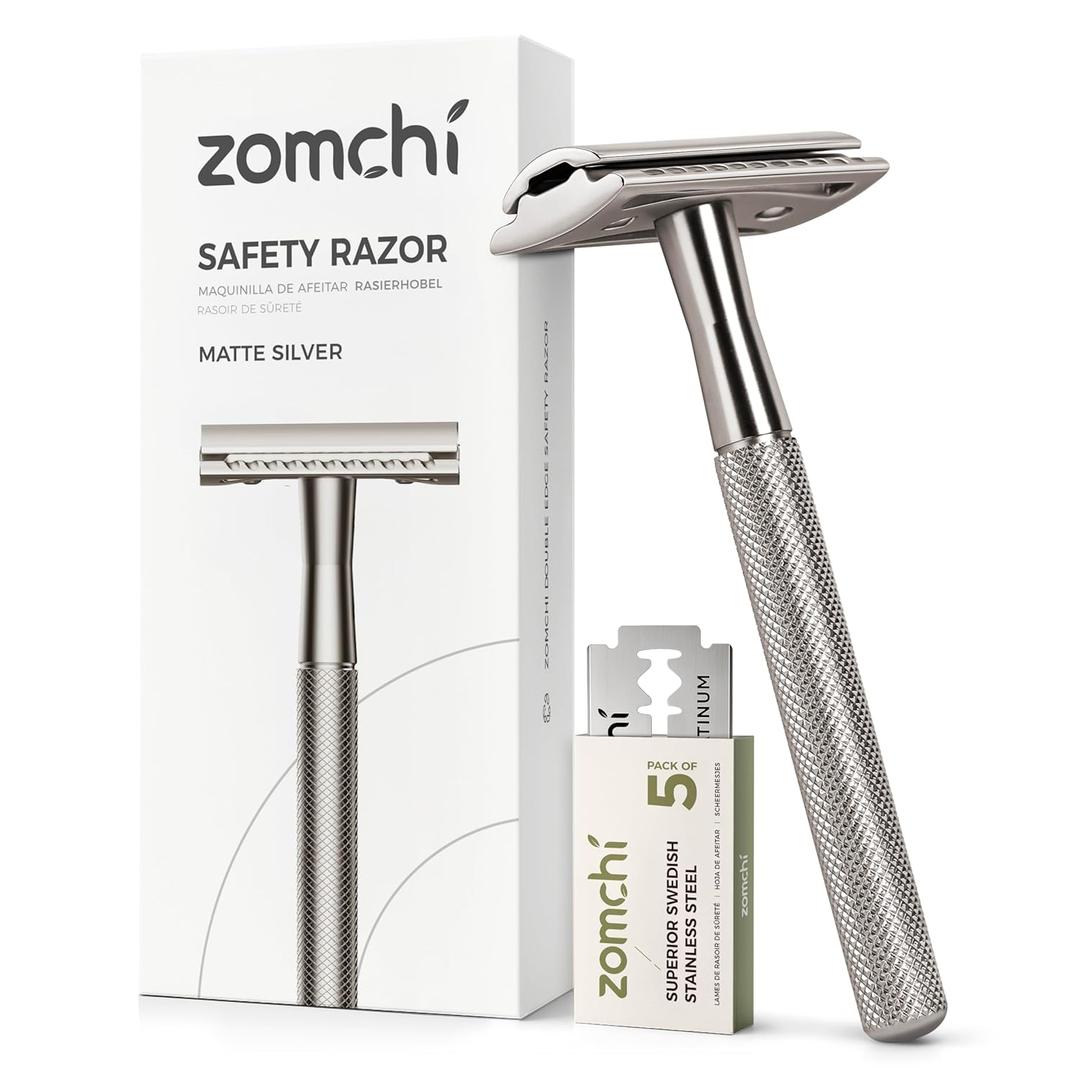 ZOMCHI Double Edge Safety Razor for Men & Women, Eco-Friendly Metal Shaver with 5 Refill Blades, Reusable Manual Razor for Smooth Close Shave Matte Silver