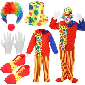 Funtery 7 Pcs Clown Costumes Set Includes Shoes, Nose, Hat, Wig, Gloves for Adults Carnival Clown Costumes (Yellow, S)
