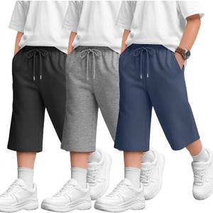 3 Pack Boys' Capri Pants | Wide Leg, Casual, Drawstring Capri Sweatpants, Basic, Athletic Cropped Pants, with Pockets