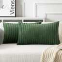 UGASA Velvet 12x20 Inch Lumbar Soft Throw Pillow Covers Decorative Corduroy Striped Both Sides Solid Rectangular Cushion Cases Boho Farmhouse for Couch Bedroom Sofa Home, Pack of 2, Moss Green